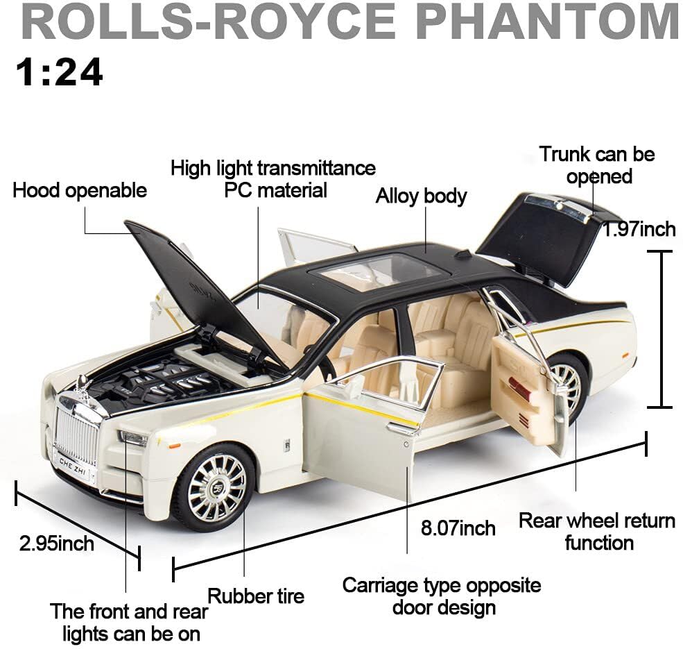 ROLLS ROYCE PHANTOM BIG SIZE 1:24 DIECAST SCALE MODEL METAL PULL BACK WITH OPENABLE DOORS & LIGHT, MUSIC TOY VEHICLE FOR KIDS [SIZE:-22CM*9CM*8.5CM]【 MULTICOLOR 】