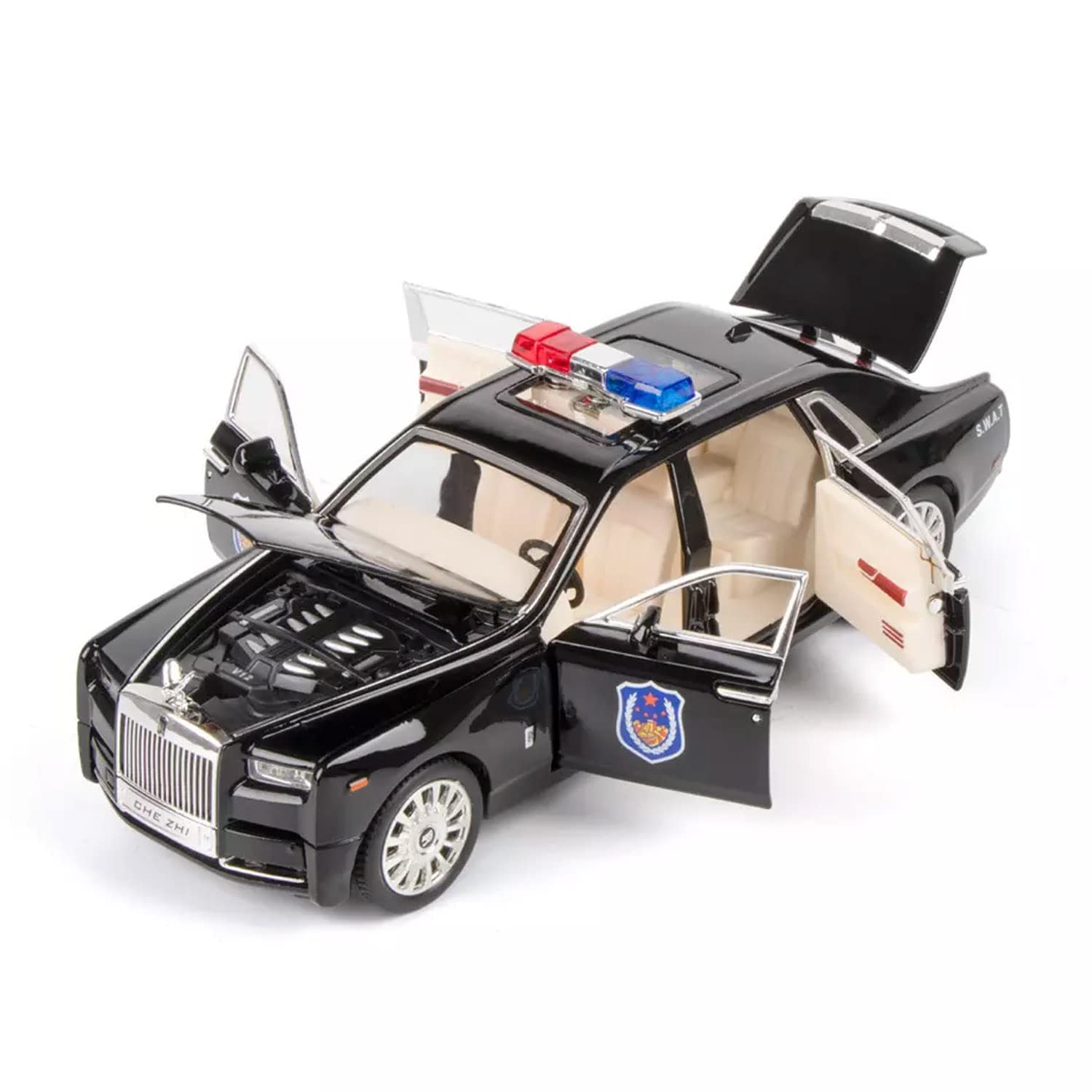 Big Size Rolls-Royce Phantom Police 1/24 Scale Wheels Diecast Metal Model Pull Back Alloy Toys With Light And Sound Collection (White, Black)[Size: 21Cm * 7.5Cm * 6.5Cm]