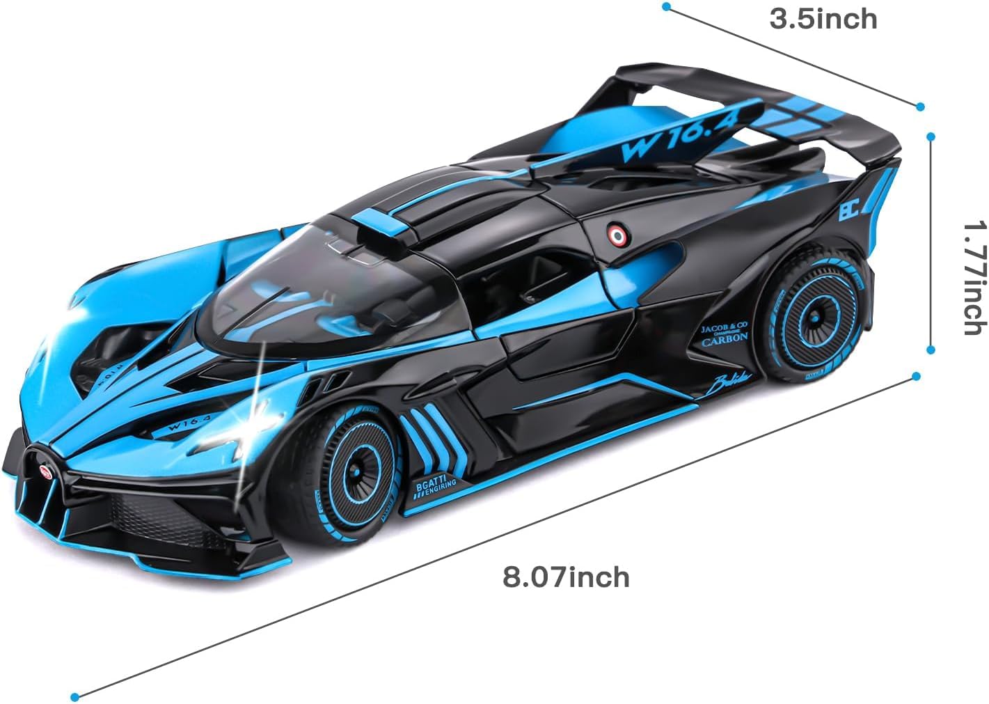 BIG SIZE BUGATTI BOLIDE 1:24 DIECAST METAL PULLBACK TOY CAR WITH OPENABLE DOORS & LIGHT, MUSIC BOYS CAR FOR KIDS BEST TOYS GIFTS TOYS FOR KIDS [SIZE:-21.5CM*9.8CM*5CM]【 MULTICOLOR 】