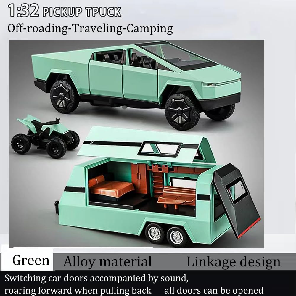 TESLA CYBER TRUCK PICK-UP TRAILER CAMPER 1:32 DIECAST METAL PULLBACK TOY CAR WITH OPENABLE DOORS & LIGHT, MUSIC BOYS CAR FOR KIDS BEST TOYS GIFTS TOYS FOR KIDS【 MULTICOLOR 】