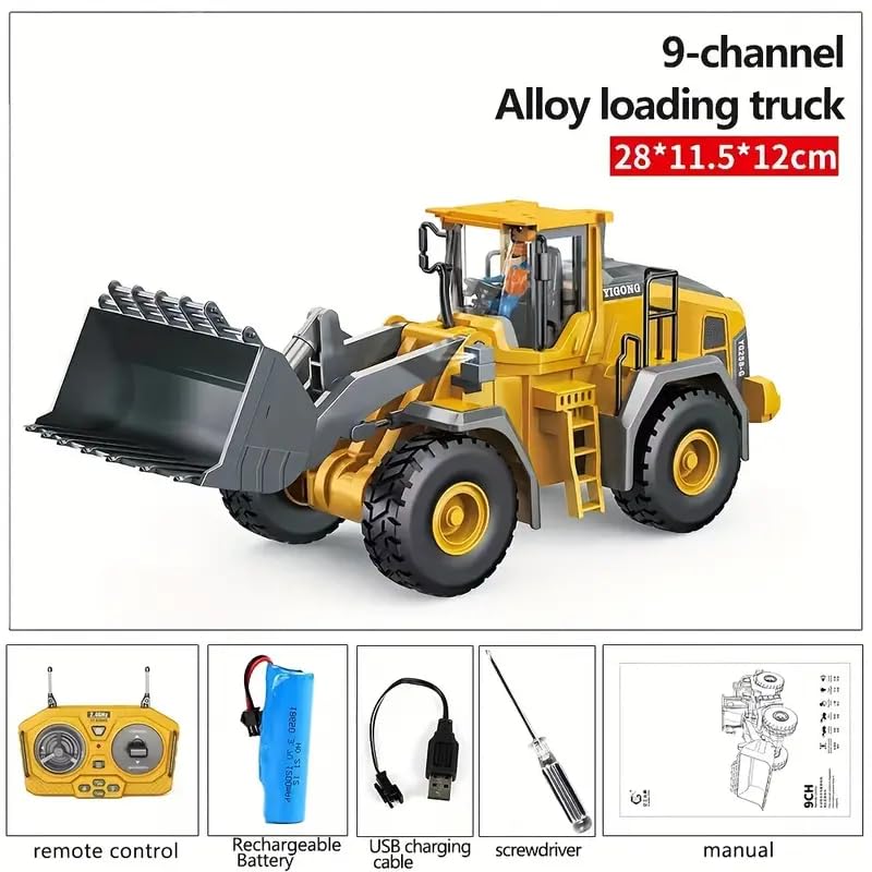 RC BULLDOZER TOY 1/24 SCALES 9 CHANNEL HIGH SIMULATION CONSTRUCTION VEHICLE TOY WITH LED LIGHT & SOUND 2.4G RC CONSTRUCTION TRUCK TOY USB RECHARGEABLE RC TRUCK TOY FOR KIDS 3+-MULTICOLOR