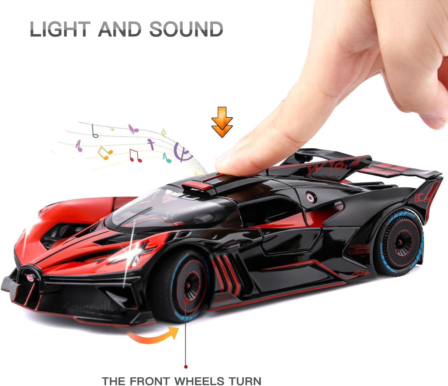 BIG SIZE BUGATTI BOLIDE 1:24 DIECAST METAL PULLBACK TOY CAR WITH OPENABLE DOORS & LIGHT, MUSIC BOYS CAR FOR KIDS BEST TOYS GIFTS TOYS FOR KIDS [SIZE:-21.5CM*9.8CM*5CM]【 MULTICOLOR 】