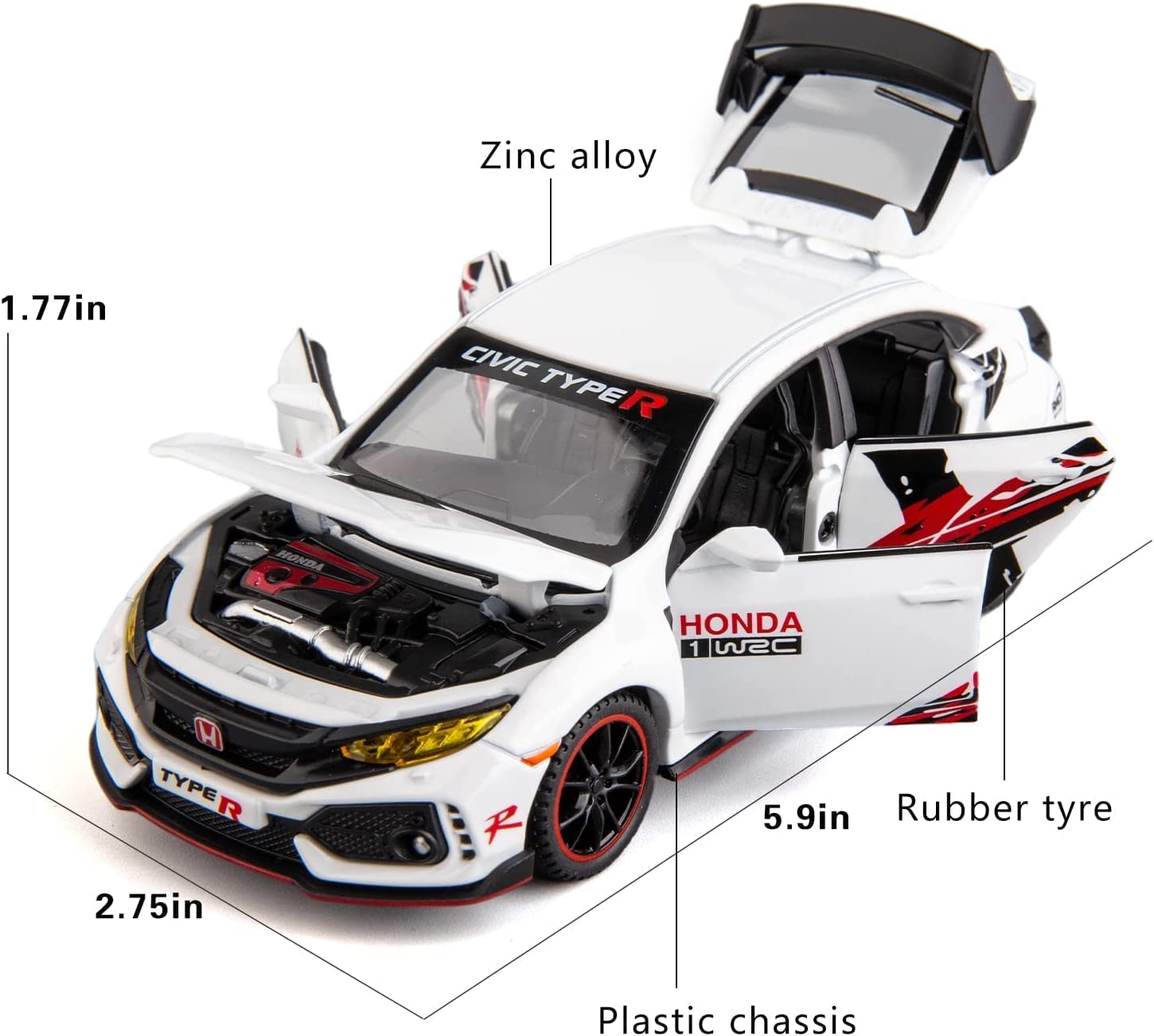 HONDA CIVIC TYPE-R 1:32 DIECAST METAL PULLBACK TOY CAR WITH OPENABLE DOORS & LIGHT, MUSIC BOYS CAR FOR KIDS BEST TOYS GIFTS TOYS FOR KIDS [SIZE:-15CM*6CM*4.5CM]【 MULTICOLOR 】