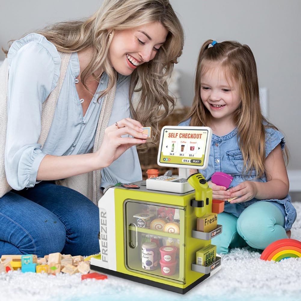 Cash Register Playset for Kids with Sound Light, Mini Supermarket Cashier, Pretend Play Store Money, Calculator, Scanner, Credit Card and Play Foods, Gift for Boys and Girls Ages 3+