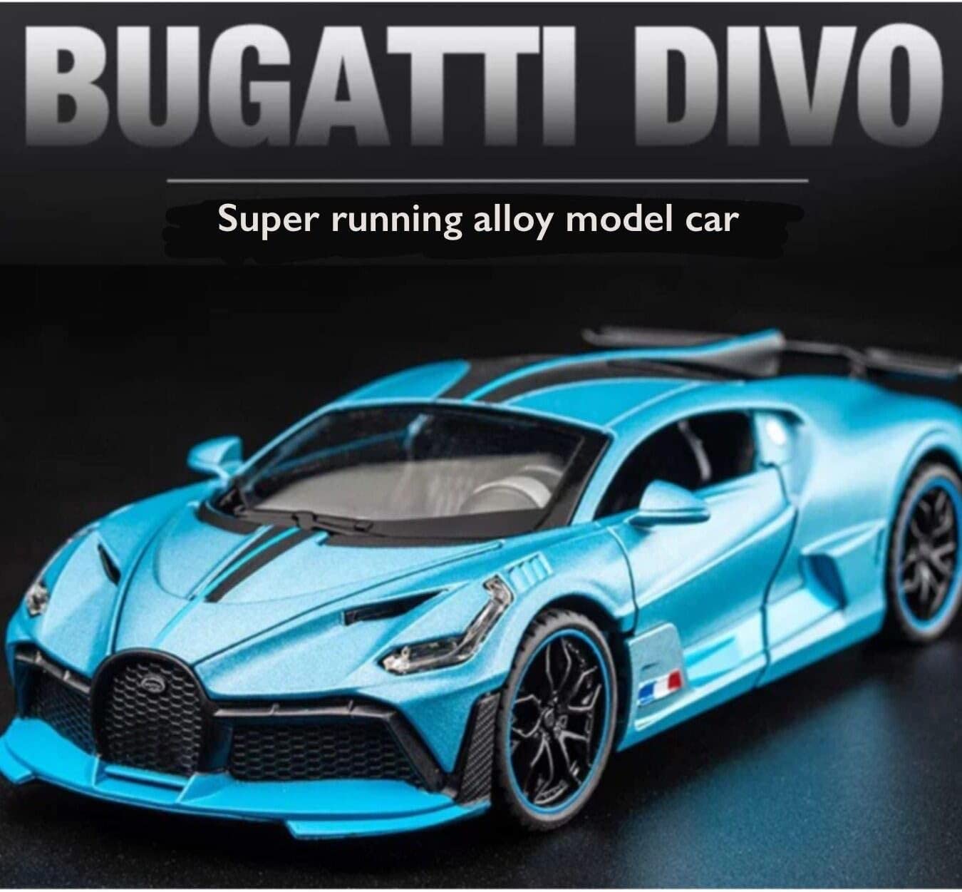 Bugatti 1:32 Diecast Scale Model Metal Pull Back with Openable Doors & Light, Music Toy Vehicle for Kids