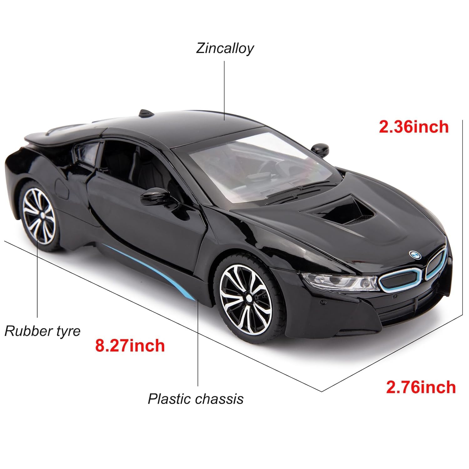 BIG SIZE COMPATIBLE FOR BMW I8 1:24 DIECAST METAL PULLBACK TOY CAR WITH OPENABLE DOORS & LIGHT, MUSIC BOYS CAR FOR KIDS BEST TOYS GIFTS TOYS FOR KIDS [SIZE:-21CM*7CM*6CM]【 MULTICOLOR 】