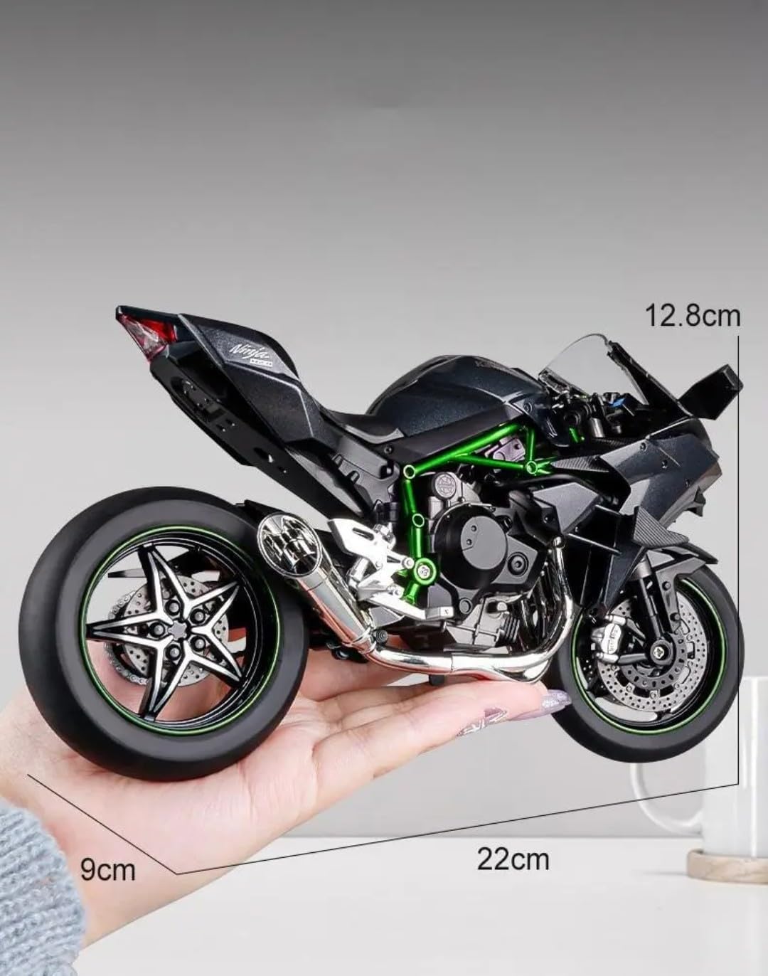 BIG MOTORCYCLE KAWASAKI NINJA H2-R 1/12 METAL TOY BIKE, PULL BACK VEHICLES SUPERBIKE WITH TAIL LIGHTS AND SOUND FOR KIDS [Size : 22Cm*12.8Cm*9Cm]