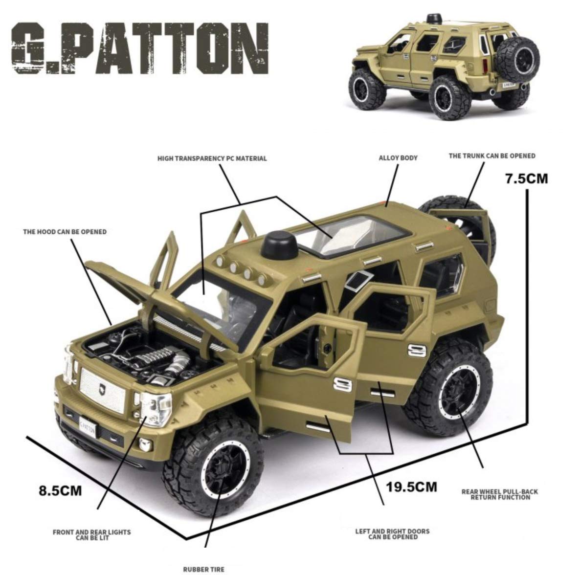 BIG SIZE G-PATTON 1:24 DIECAST METAL PULLBACK TOY CAR WITH OPENABLE DOORS & LIGHT, MUSIC BOYS CAR FOR KIDS BEST TOYS GIFTS TOYS FOR KIDS [SIZE:-19.6CM*8.3CM*8.3CM]【 MULTICOLOR 】