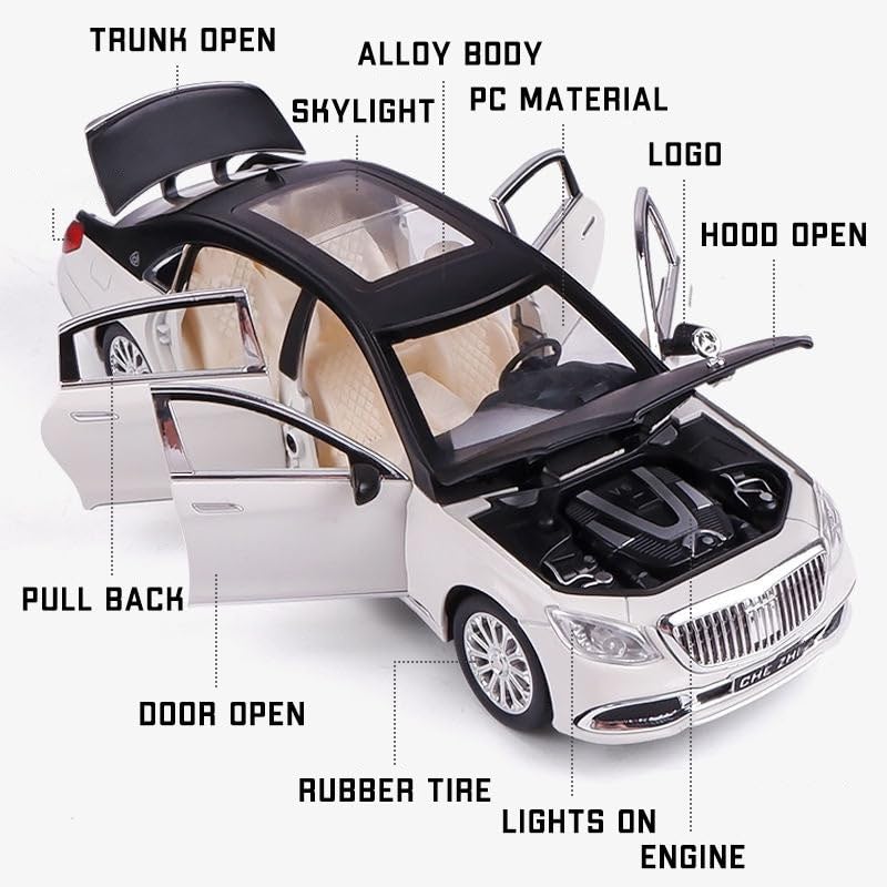 MERCEDES BENZ MAYBACH S600 1:24 DIECAST METAL PULLBACK TOY CAR WITH OPENABLE DOORS & LIGHT, MUSIC BOYS CAR FOR KIDS BEST TOYS GIFTS TOYS FOR KIDS [SIZE:-20.5CM*8CM*5.8CM]【 MULTICOLOR 】