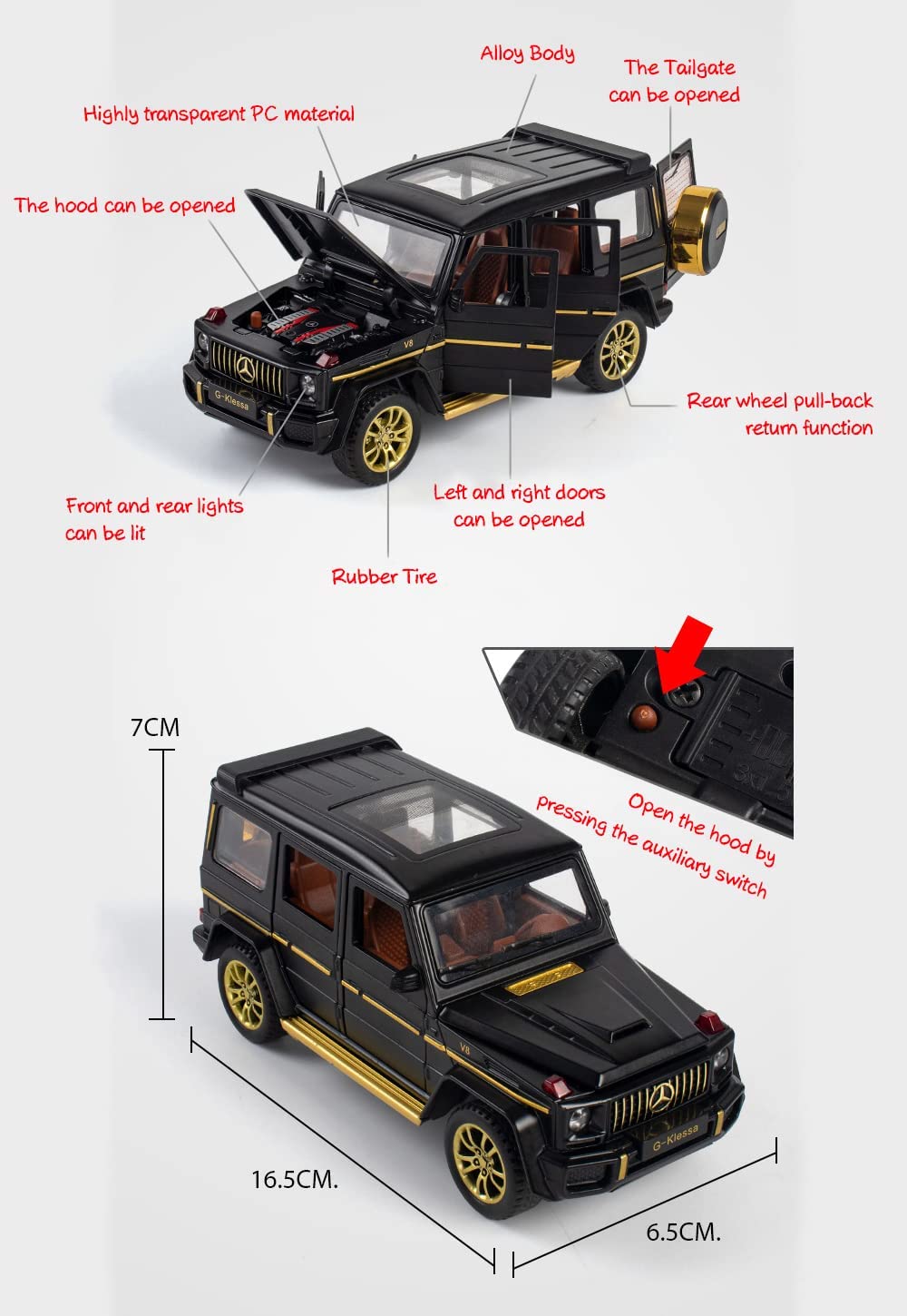 MERCEDES BENZ G-KLESSA G-63 1:32 DIECAST METAL PULLBACK TOY CAR WITH OPENABLE DOORS & LIGHT, MUSIC BOYS CAR FOR KIDS BEST TOYS GIFTS TOYS FOR KIDS [SIZE:-16.5CM*7CM*6.5CM]【 MULTICOLOR 】