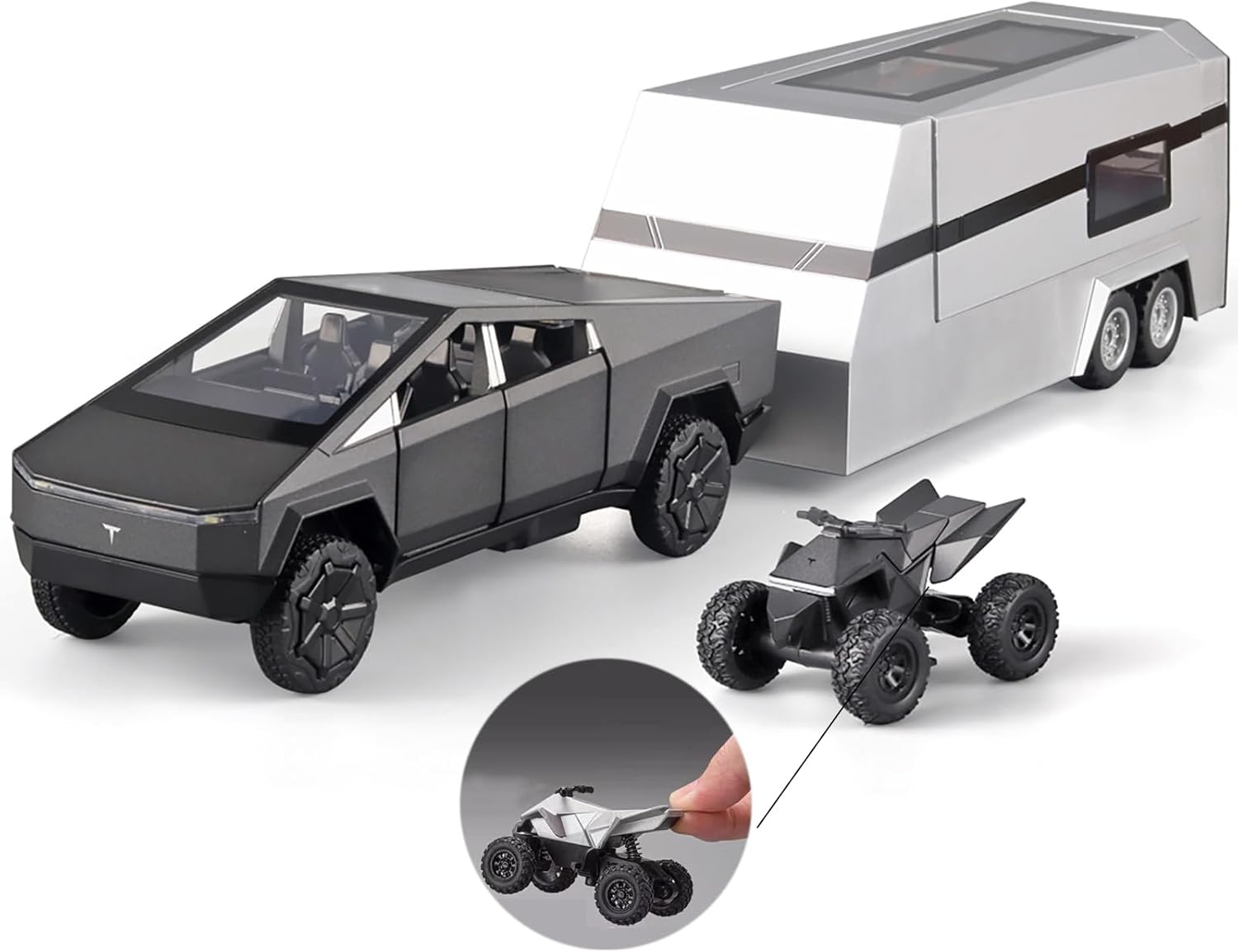 TESLA CYBER TRUCK PICK-UP TRAILER CAMPER 1:32 DIECAST METAL PULLBACK TOY CAR WITH OPENABLE DOORS & LIGHT, MUSIC BOYS CAR FOR KIDS BEST TOYS GIFTS TOYS FOR KIDS【 MULTICOLOR 】