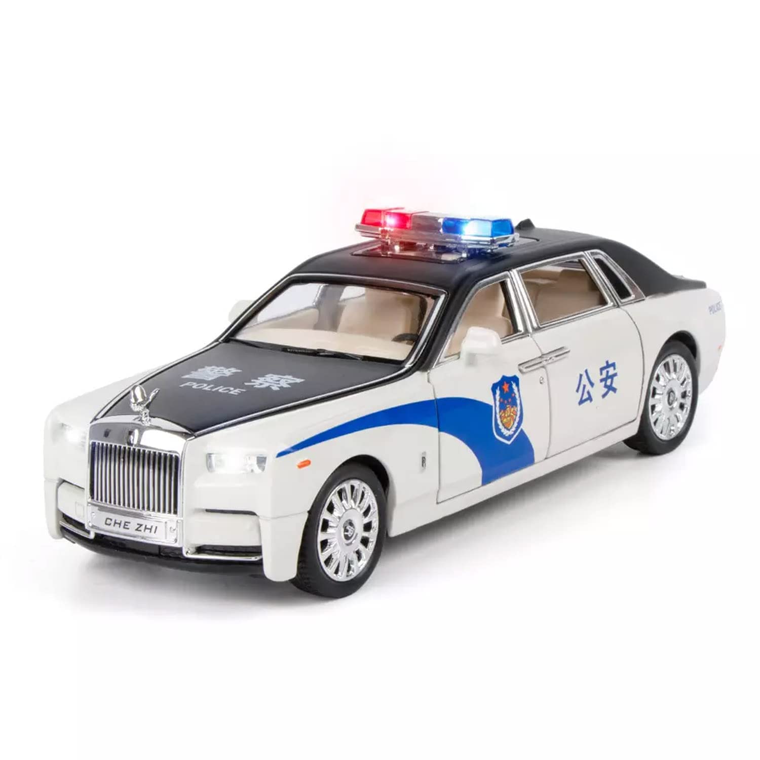 Big Size Rolls-Royce Phantom Police 1/24 Scale Wheels Diecast Metal Model Pull Back Alloy Toys With Light And Sound Collection (White, Black)[Size: 21Cm * 7.5Cm * 6.5Cm]