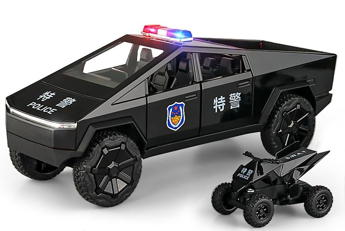 Tesla Cyber Police Truck Exclusive Alloy Metal Pull Back Die-cast Car 1:24 Scale Model with Sound Light Mini Auto Toy for Kids Metal Model Toy Car with Sound and Light 【 MULTICOLOR 】