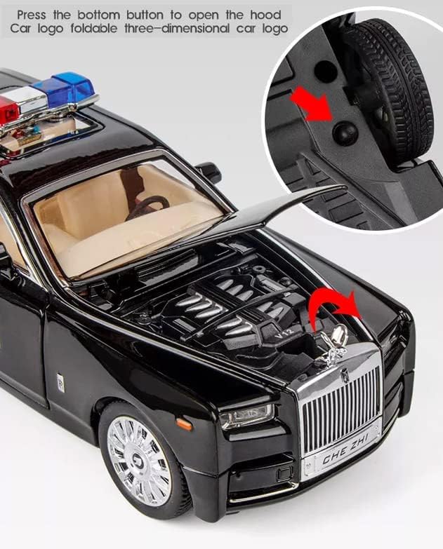 Big Size Rolls-Royce Phantom Police 1/24 Scale Wheels Diecast Metal Model Pull Back Alloy Toys With Light And Sound Collection (White, Black)[Size: 21Cm * 7.5Cm * 6.5Cm]