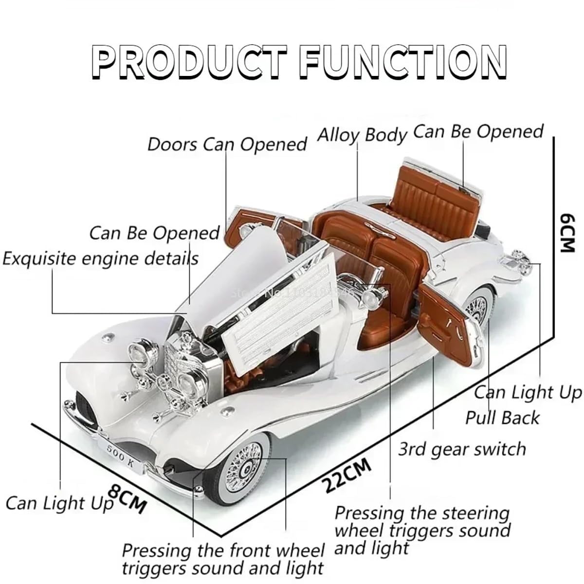 BIG SIZE MERCEDES-BENZ 500K SPECIAL-ROADSTER 1:24 DIECAST METAL PULLBACK TOY CAR WITH OPENABLE DOORS & LIGHT, MUSIC BOYS CAR FOR KIDS BEST TOYS GIFTS TOYS FOR KIDS [SIZE:-22CM*8CM*6CM]【 MULTICOLOR 】