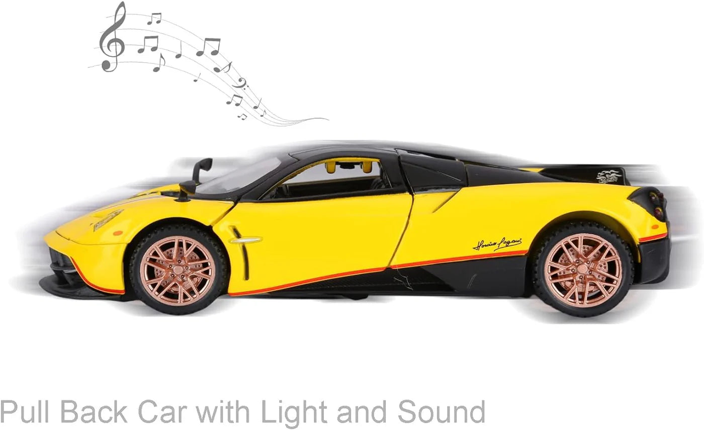 PAGANI HUAYRA 1/32 DIECAST METAL PULL BACK DIECAST CAR WITH OPENABLE DOOR AND SOUND LIGHT, GIFTS TOYS FOR KIDS【 MULTICOLOR 】[SIZE : 15.6CM* 7.7CM*4CM]