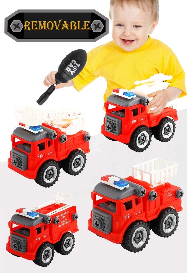 FIRE TRUCKS TOY PLAYSET 4 DIY TAKE APART TOYS CREATION DIY ASSEMBLY TOY DISASSEMBLING FIRE RESCUE TRUCKS SET UNBREAKABLE SCREWDRIVER AND DRILL MACHINE, EDUCATIONAL GIFT FOR KIDS 3-14 YEARS