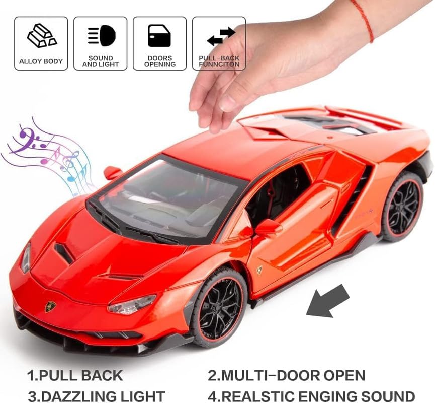 LAMBORGHINI CENTENARIO LP770 1:24 DIECAST METAL PULLBACK TOY CAR WITH OPENABLE DOORS & LIGHT, MUSIC BOYS CAR FOR KIDS BEST TOYS GIFTS TOYS FOR KIDS [SIZE:-20CM*9.5CM*5CM]【 MULTICOLOR 】