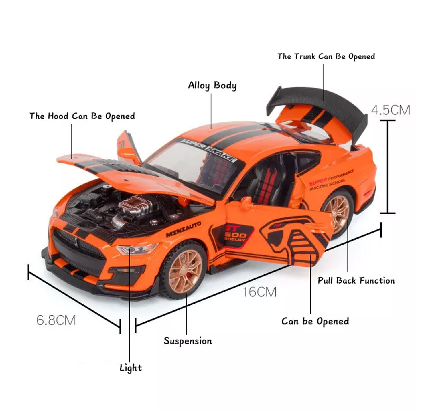 Mustang Gt500 Orange Scale Model Diecast Metalcar - All Size