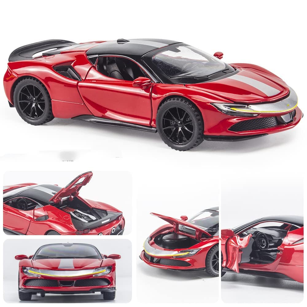 FERRARI SF90 1:32 DIECAST METAL PULLBACK TOY CAR WITH OPENABLE DOORS & LIGHT, MUSIC BOYS CAR FOR KIDS BEST TOYS GIFTS TOYS FOR KIDS [SIZE:-15.2CM*6.5CM*3.5CM]【 MULTICOLOR 】