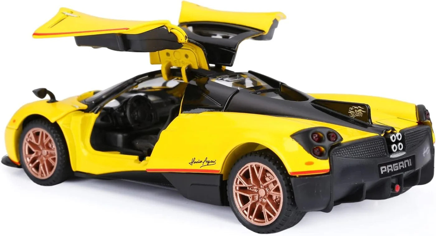 PAGANI HUAYRA 1/32 DIECAST METAL PULL BACK DIECAST CAR WITH OPENABLE DOOR AND SOUND LIGHT, GIFTS TOYS FOR KIDS【 MULTICOLOR 】[SIZE : 15.6CM* 7.7CM*4CM]