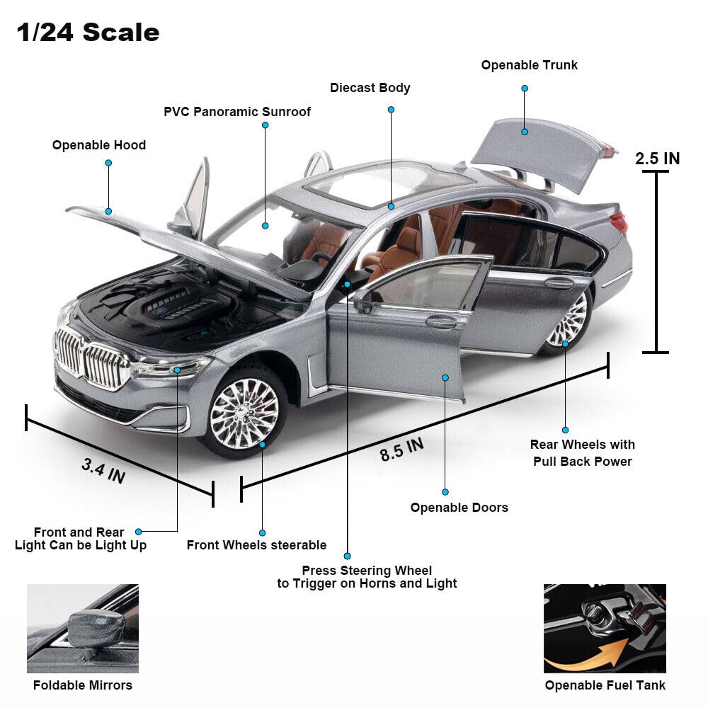 BMW 760Li Big 1:24 Diecast Scale Model Metal Pull Back with Openable Doors & Light, Music Toy Vehicle for Kids [SIZE:-21 CM*9CM*8.5CM]【 MULTICOLOR 】