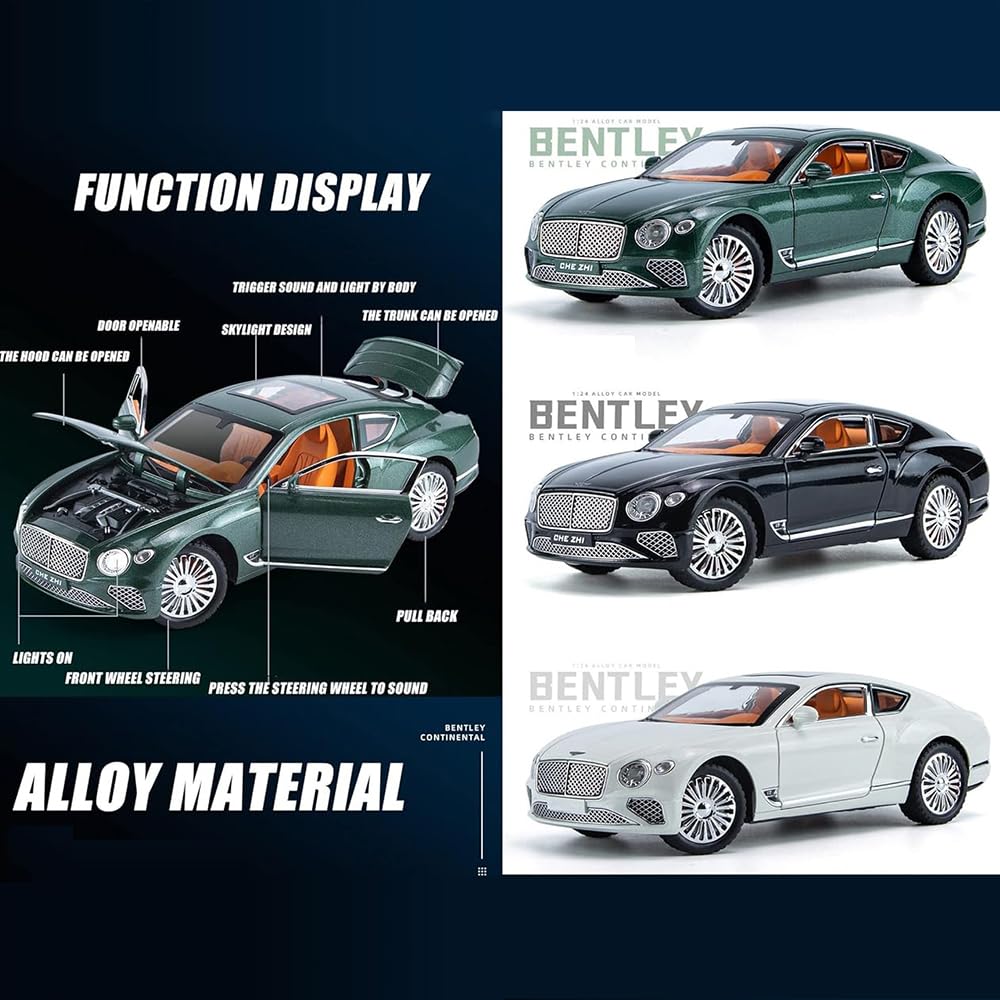 Bentley Continental GT 1:24 Model Car Alloy Diecast Toy Car Collectible Pull Back Toy Vehicles with Sound and Light Door Can Be Opened for Girls Boys Gift [SIZE:-22CM*9CM*7CM]【 MULTICOLOR 】