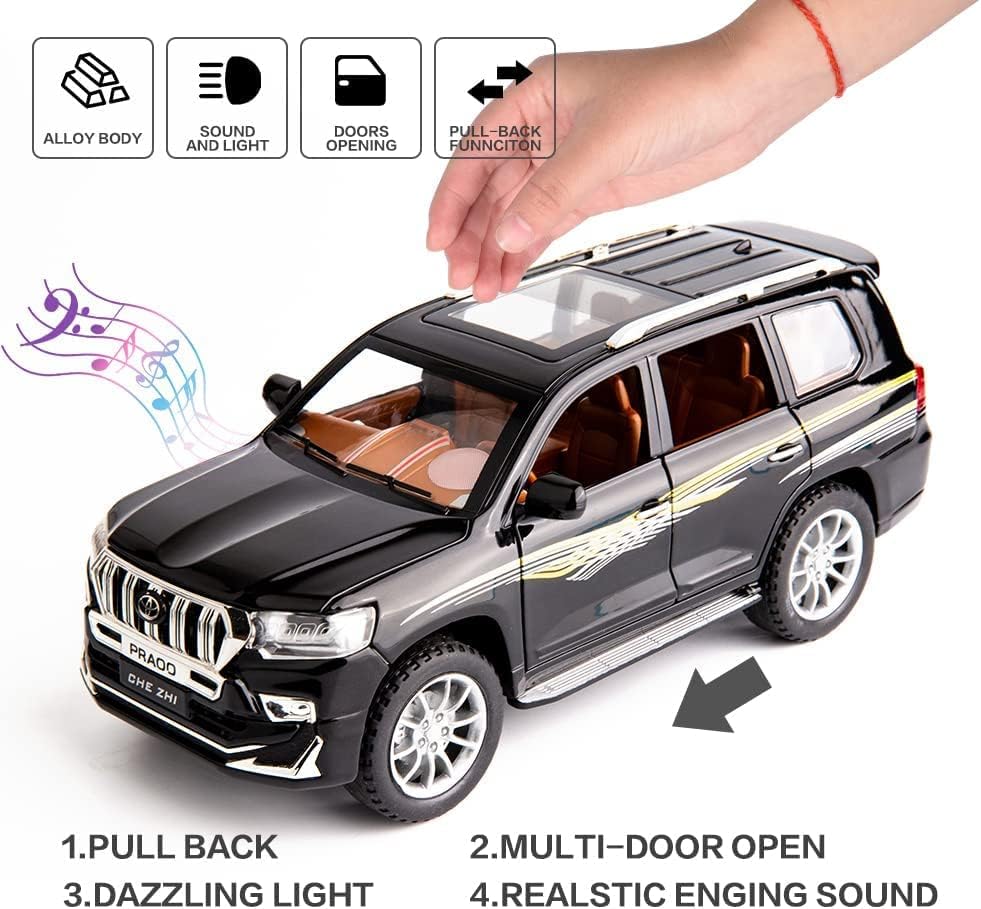 LAND CRUISER PRADO BIG SIZE 1:24 DIECAST METAL PULLBACK TOY CAR WITH OPENABLE DOORS & LIGHT, MUSIC BOYS CAR FOR KIDS BEST TOYS GIFTS TOYS FOR KIDS [SIZE:-22CM*9CM*7CM]【 MULTICOLOR 】