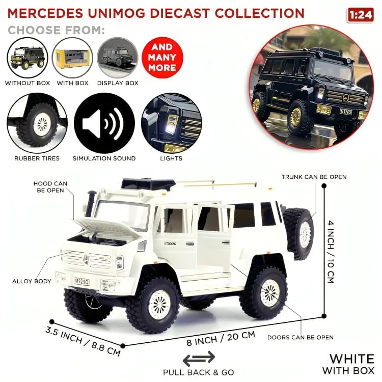 BIG SIZE MERCEDES-BENZ UNIMOG 1:24 DIECAST METAL PULLBACK TOY CAR WITH OPENABLE DOORS & LIGHT, MUSIC BOYS CAR FOR KIDS BEST TOYS GIFTS TOYS FOR KIDS [SIZE:-20CM*10CM*8.8CM]【 MULTICOLOR 】