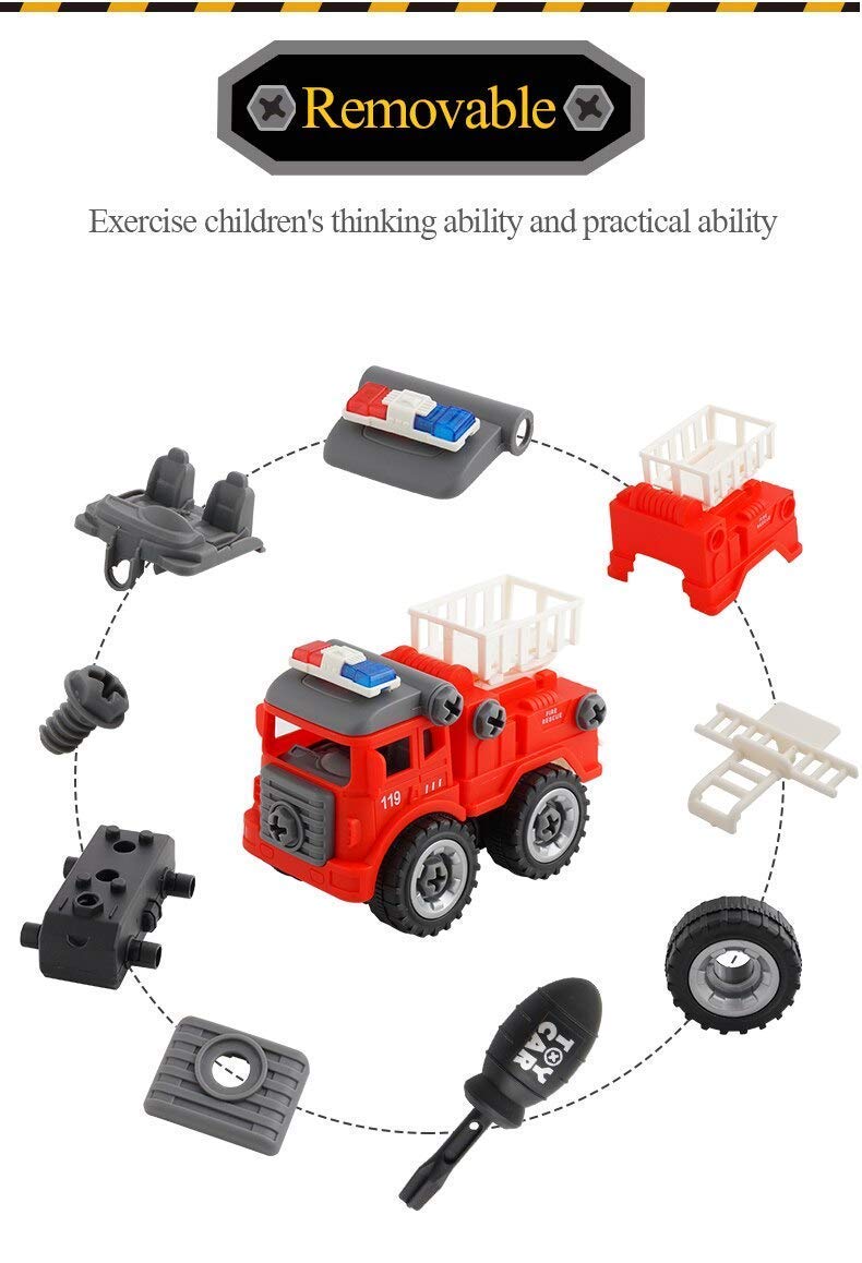 FIRE TRUCKS TOY PLAYSET 4 DIY TAKE APART TOYS CREATION DIY ASSEMBLY TOY DISASSEMBLING FIRE RESCUE TRUCKS SET UNBREAKABLE SCREWDRIVER AND DRILL MACHINE, EDUCATIONAL GIFT FOR KIDS 3-14 YEARS