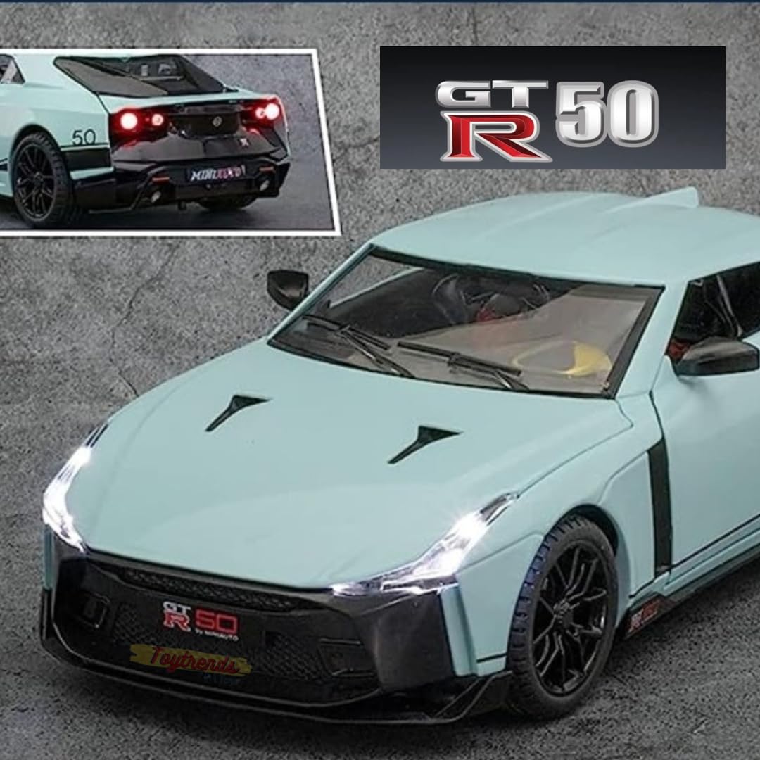 BIG SIZE NISSAN GTR-50 SPORT 1:24 DIECAST METAL PULLBACK TOY CAR WITH OPENABLE DOORS & LIGHT, MUSIC BOYS CAR FOR KIDS BEST TOYS GIFTS TOYS FOR KIDS [SIZE:-20.5CM*9.3CM*5.5CM]【 MULTICOLOR 】