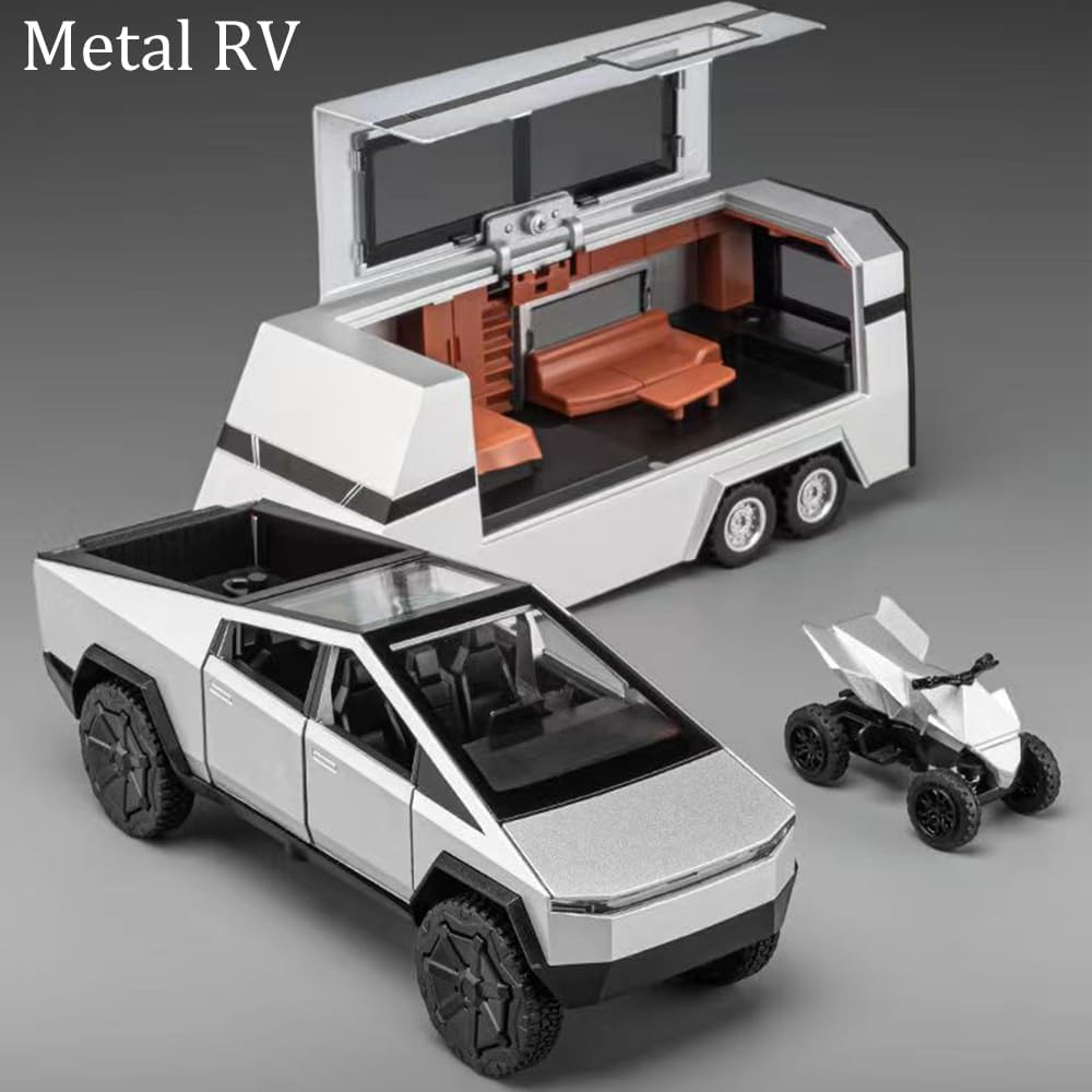 TESLA CYBER TRUCK PICK-UP TRAILER CAMPER 1:32 DIECAST METAL PULLBACK TOY CAR WITH OPENABLE DOORS & LIGHT, MUSIC BOYS CAR FOR KIDS BEST TOYS GIFTS TOYS FOR KIDS【 MULTICOLOR 】