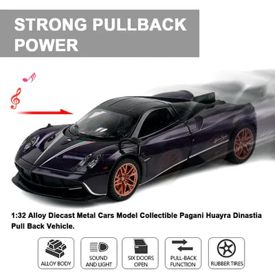 PAGANI HUAYRA 1/32 DIECAST METAL PULL BACK DIECAST CAR WITH OPENABLE DOOR AND SOUND LIGHT, GIFTS TOYS FOR KIDS【 MULTICOLOR 】[SIZE : 15.6CM* 7.7CM*4CM]