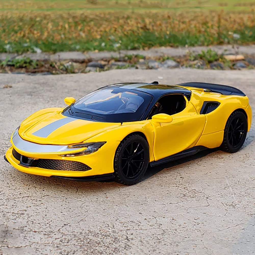 FERRARI SF90 1:32 DIECAST METAL PULLBACK TOY CAR WITH OPENABLE DOORS & LIGHT, MUSIC BOYS CAR FOR KIDS BEST TOYS GIFTS TOYS FOR KIDS [SIZE:-15.2CM*6.5CM*3.5CM]【 MULTICOLOR 】