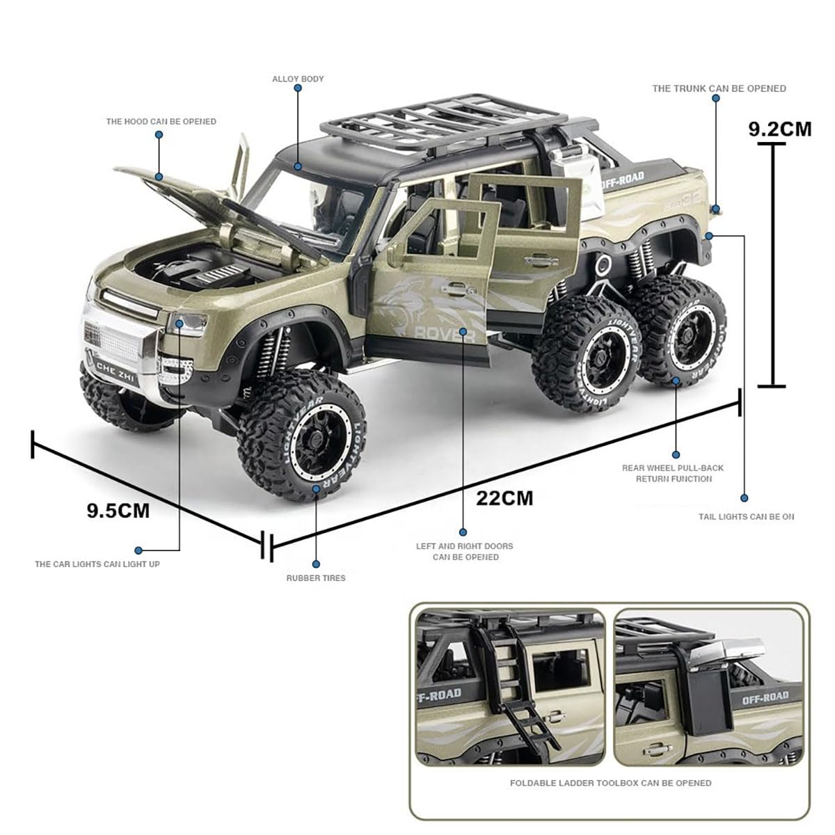 BIG SIZE LAND ROVER DEFENDER GUARD 6X6 1:24 DIECAST METAL PULLBACK TOY CAR WITH OPENABLE DOORS & LIGHT, MUSIC BOYS CAR FOR KIDS BEST TOYS GIFTS TOYS FOR KIDS [SIZE:-20CM*9.5CM*5CM]【 MULTICOLOR 】