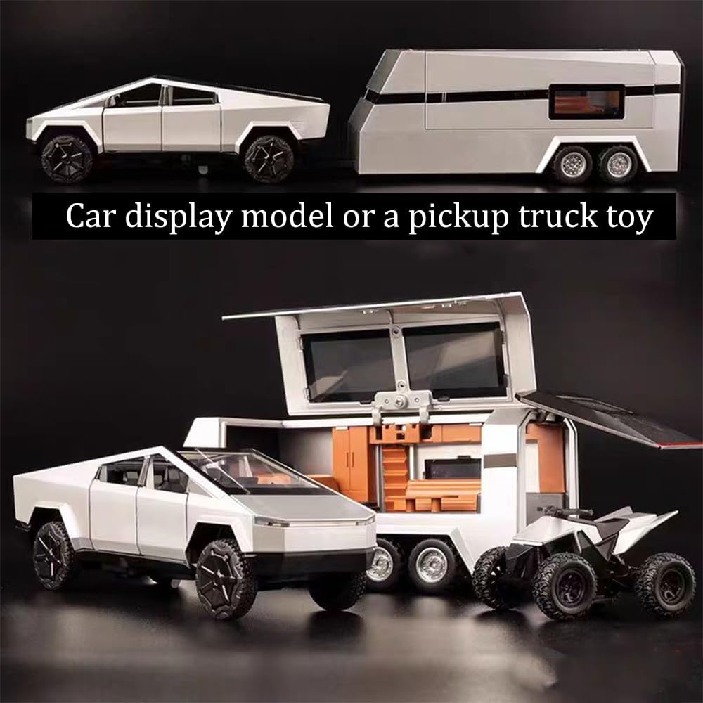 TESLA CYBER TRUCK PICK-UP TRAILER CAMPER 1:32 DIECAST METAL PULLBACK TOY CAR WITH OPENABLE DOORS & LIGHT, MUSIC BOYS CAR FOR KIDS BEST TOYS GIFTS TOYS FOR KIDS【 MULTICOLOR 】