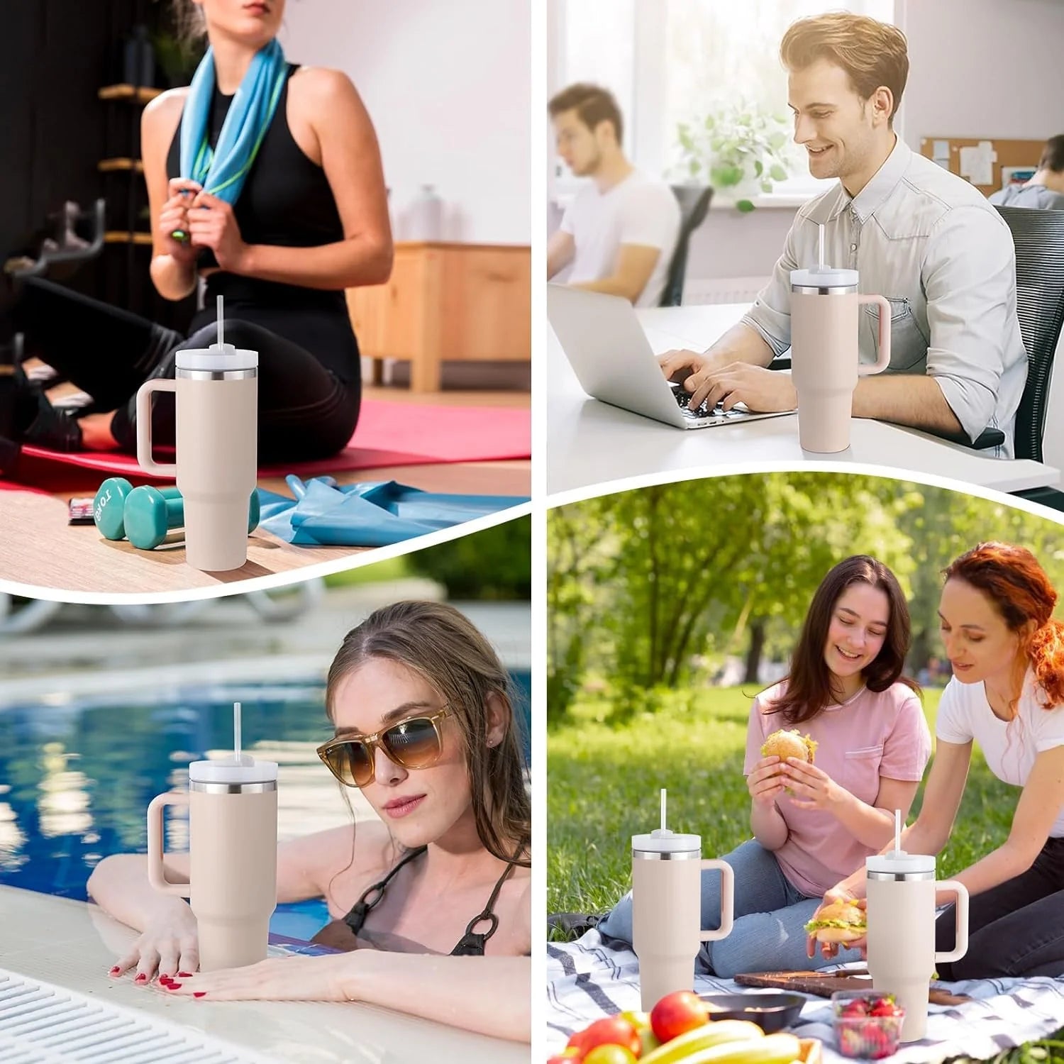 TUMBLER WITH HANDLE AND STRAW LID 40OZ DOUBLE WALL STAINLESS STEEL WATER BOTTLE CUP REUSABLE TRAVEL GYM YOGA MUG BPA FREE DURABLE FOR ICED TEA COFFEE (ROSE CREAM), 1200 ML