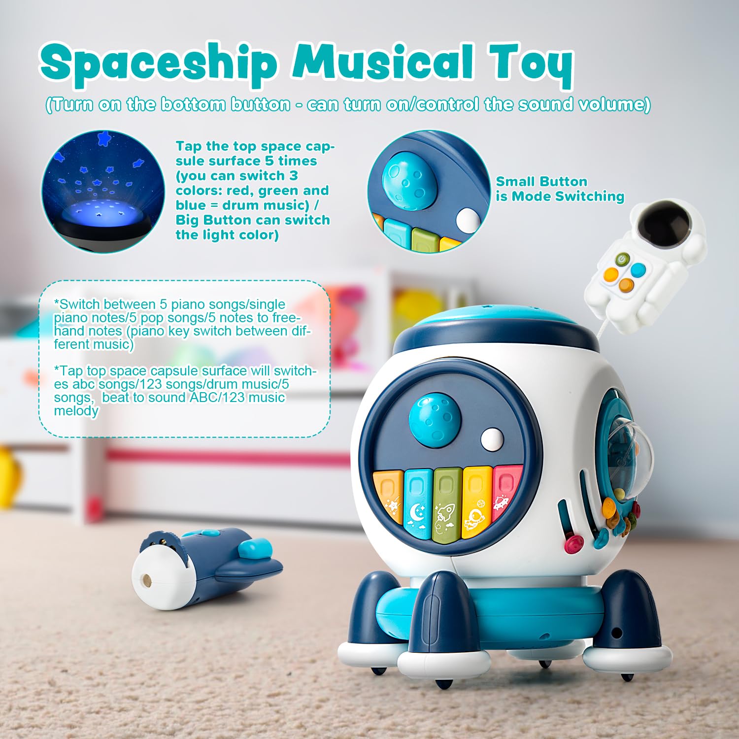 Baby Musical Toys for Toddlers 1-3, Light up Music Crawling Toy Infants 6 to 12 Months Baby Development Sensory with Piano Keyboard/Projection Flashlight/Birthday Gifts for Kids