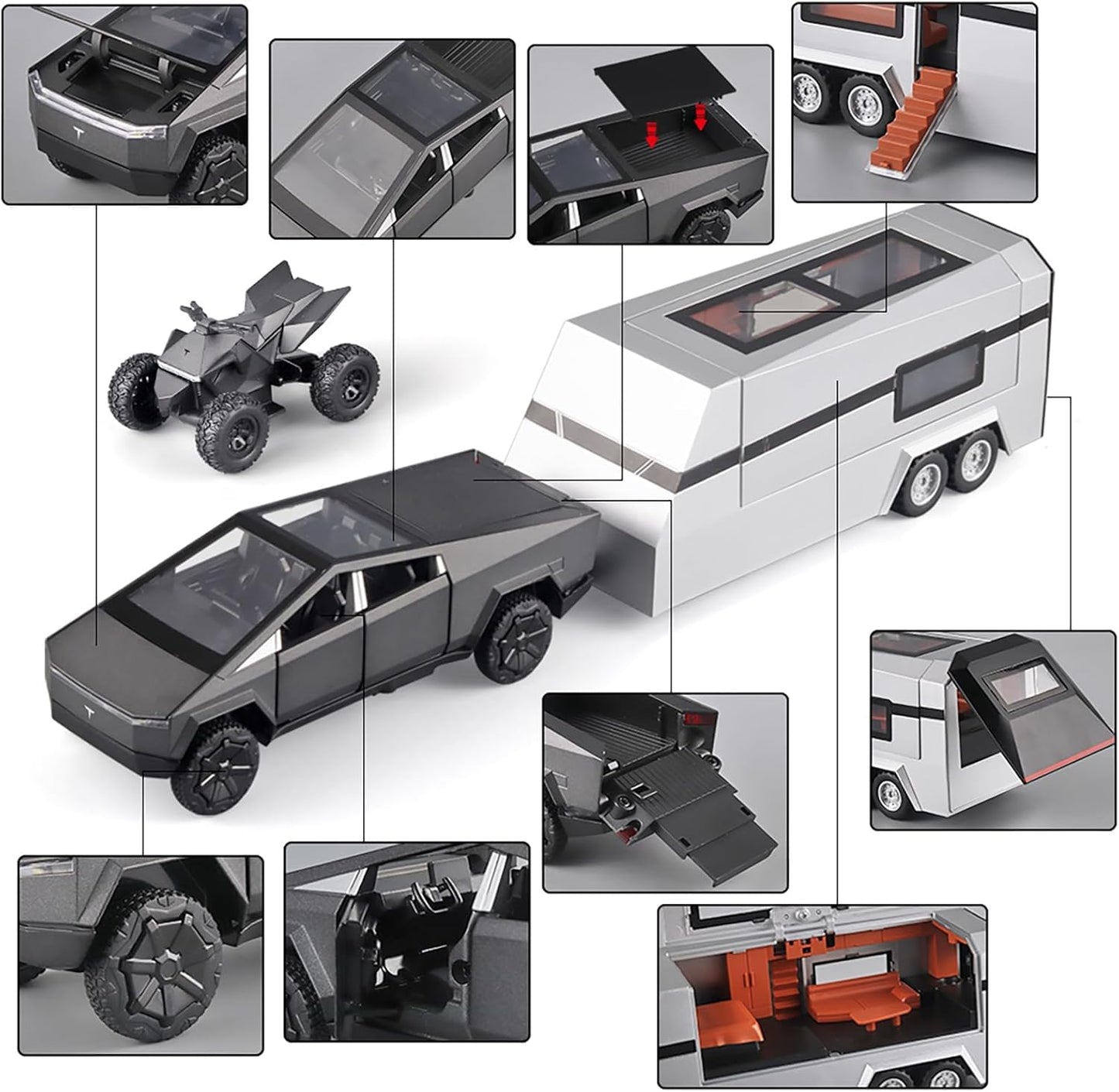 Tesla Cyber Truck Pick-up Trailer Camper Scale Model Diecast Metalcar - All Size
