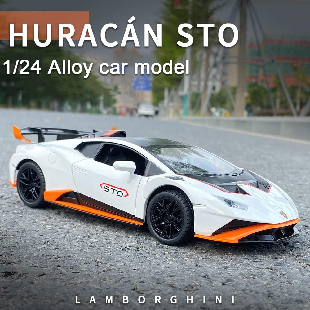 BIG SIZE LAMBORGHINI HURRICANE STO SPORTS 1:24 DIECAST METAL PULLBACK TOY CAR WITH OPENABLE DOORS & LIGHT, MUSIC BOYS CAR FOR KIDS BEST TOYS GIFTS TOYS FOR KIDS [SIZE:-21CM*9CM*5.3CM]【 MULTICOLOR 】