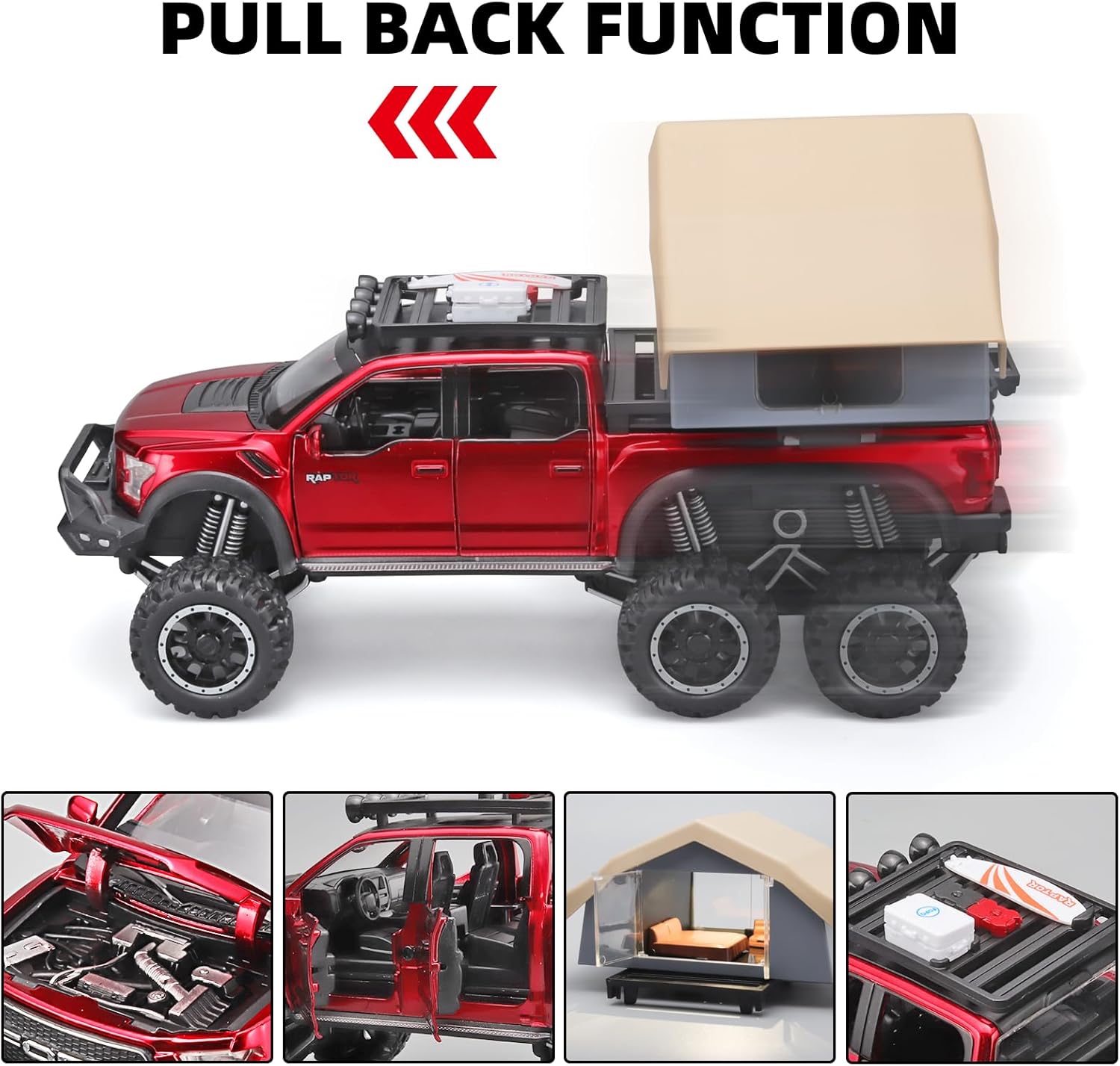 TRUCKS FOR KIDS F150 RAPTOR DIECAST TRUCKS, MODEL F150 PICKUP TRUCK WITH SIGHTSEEING CABIN, PULL BACK TRUCK TOYS WITH LIGHT AND SOUND [SIZE:-22CM*13.4CM*12.2CM]【 MULTICOLOR 】