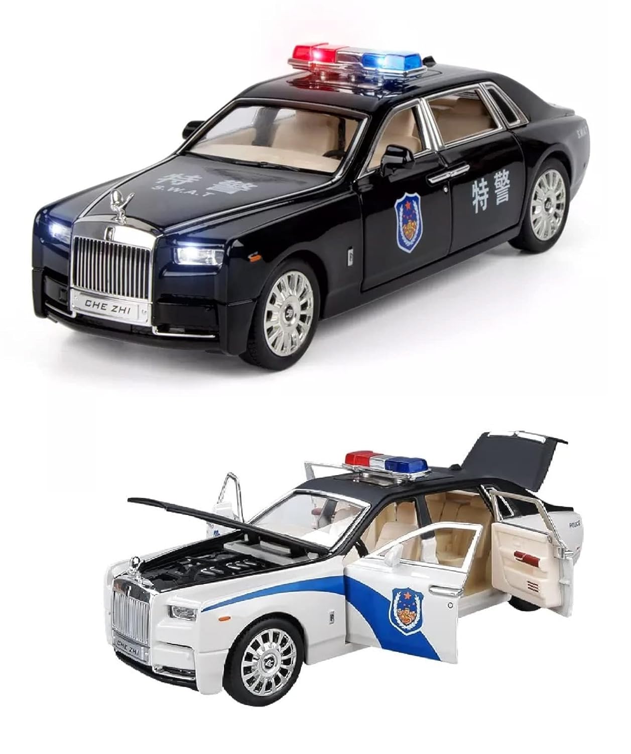 Big Size Rolls-Royce Phantom Police 1/24 Scale Wheels Diecast Metal Model Pull Back Alloy Toys With Light And Sound Collection (White, Black)[Size: 21Cm * 7.5Cm * 6.5Cm]