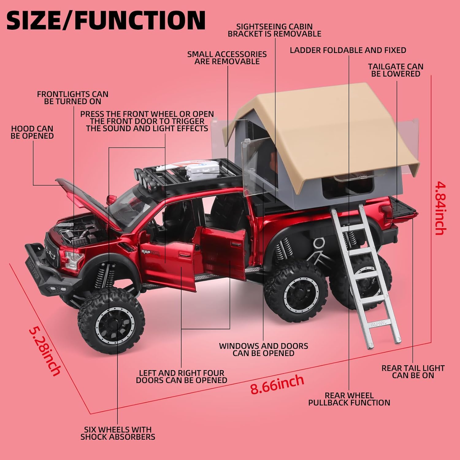 TRUCKS FOR KIDS F150 RAPTOR DIECAST TRUCKS, MODEL F150 PICKUP TRUCK WITH SIGHTSEEING CABIN, PULL BACK TRUCK TOYS WITH LIGHT AND SOUND [SIZE:-22CM*13.4CM*12.2CM]【 MULTICOLOR 】