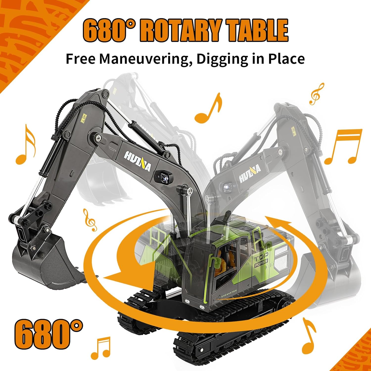 HUI NA Remote Control Excavator Toy 1:18 with 11 Channels/Lights/Sounds/Auto Demo/360° Rotation, 2.4Ghz Rc Construction Vehicles for Boys 8 Years Old Kids...