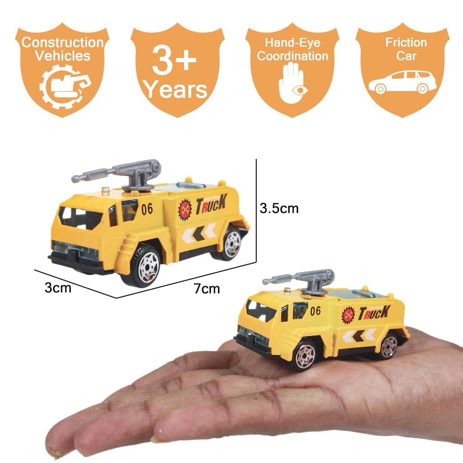 PLASTIC DIE CAST MODEL POWER FRICTION, PUSH AND GO MINIATURE TRUCK VEHICLES, CRAWLING RACING CAR TOY FOR KIDS 3 YEARS & ABOVE (PACK OF 6, YELLOW)