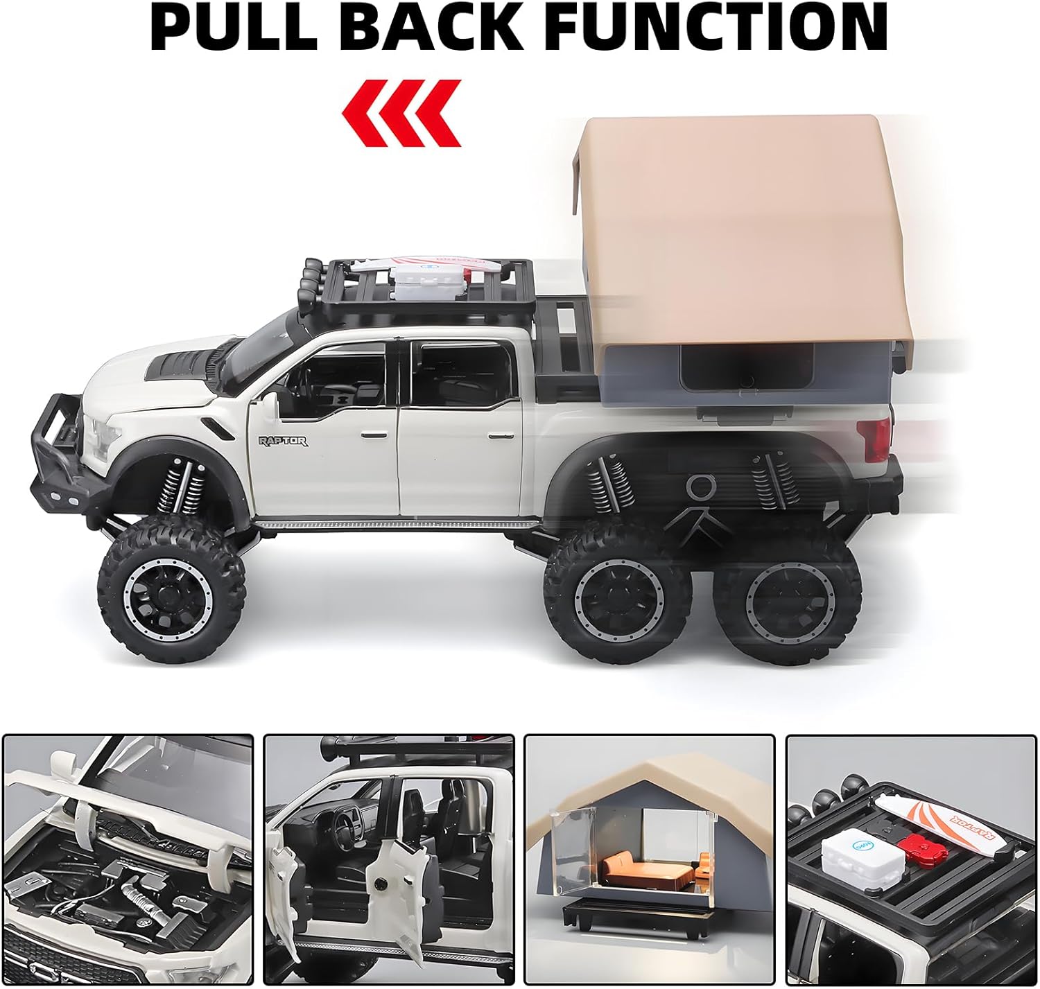 TRUCKS FOR KIDS F150 RAPTOR DIECAST TRUCKS, MODEL F150 PICKUP TRUCK WITH SIGHTSEEING CABIN, PULL BACK TRUCK TOYS WITH LIGHT AND SOUND [SIZE:-22CM*13.4CM*12.2CM]【 MULTICOLOR 】