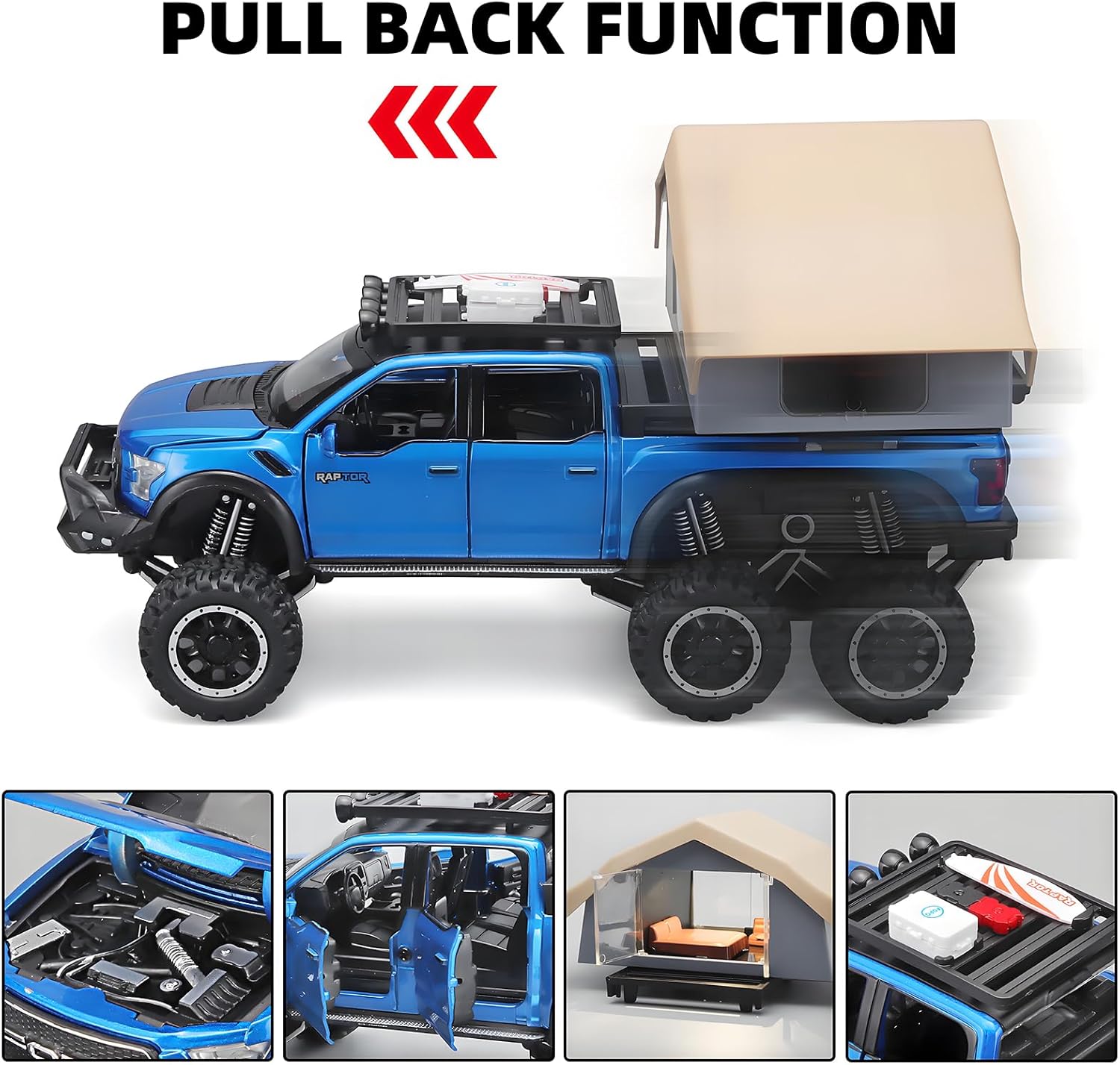 TRUCKS FOR KIDS F150 RAPTOR DIECAST TRUCKS, MODEL F150 PICKUP TRUCK WITH SIGHTSEEING CABIN, PULL BACK TRUCK TOYS WITH LIGHT AND SOUND [SIZE:-22CM*13.4CM*12.2CM]【 MULTICOLOR 】