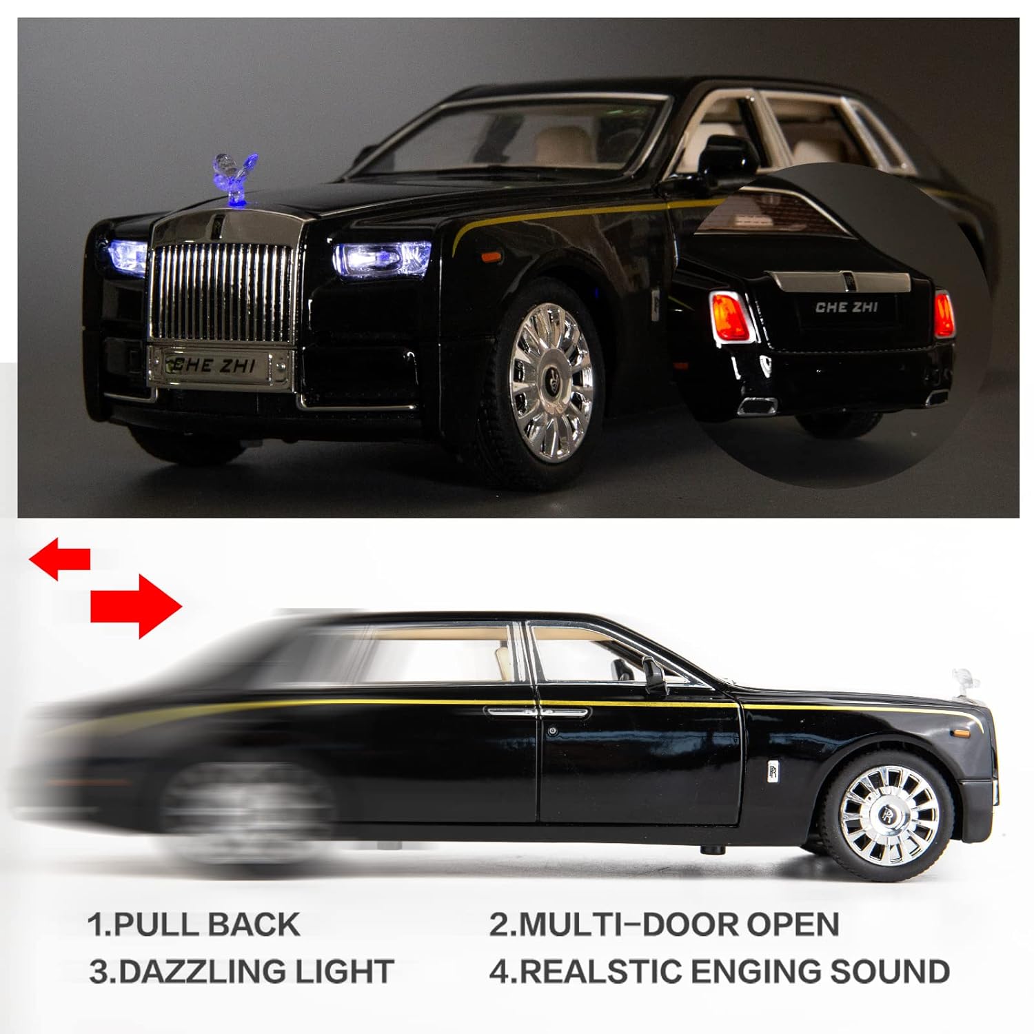 ROLLS ROYCE PHANTOM BIG SIZE 1:24 DIECAST SCALE MODEL METAL PULL BACK WITH OPENABLE DOORS & LIGHT, MUSIC TOY VEHICLE FOR KIDS [SIZE:-21 CM*9CM*8.5CM]【 MULTICOLOR 】