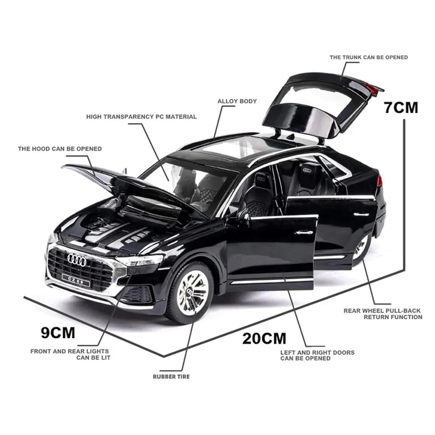 1:24  Scale Big Die-Cast Metal Car Toy Audi Q8 6 Openable Doors Light Sound Multicolo (White, Pack Of 1)