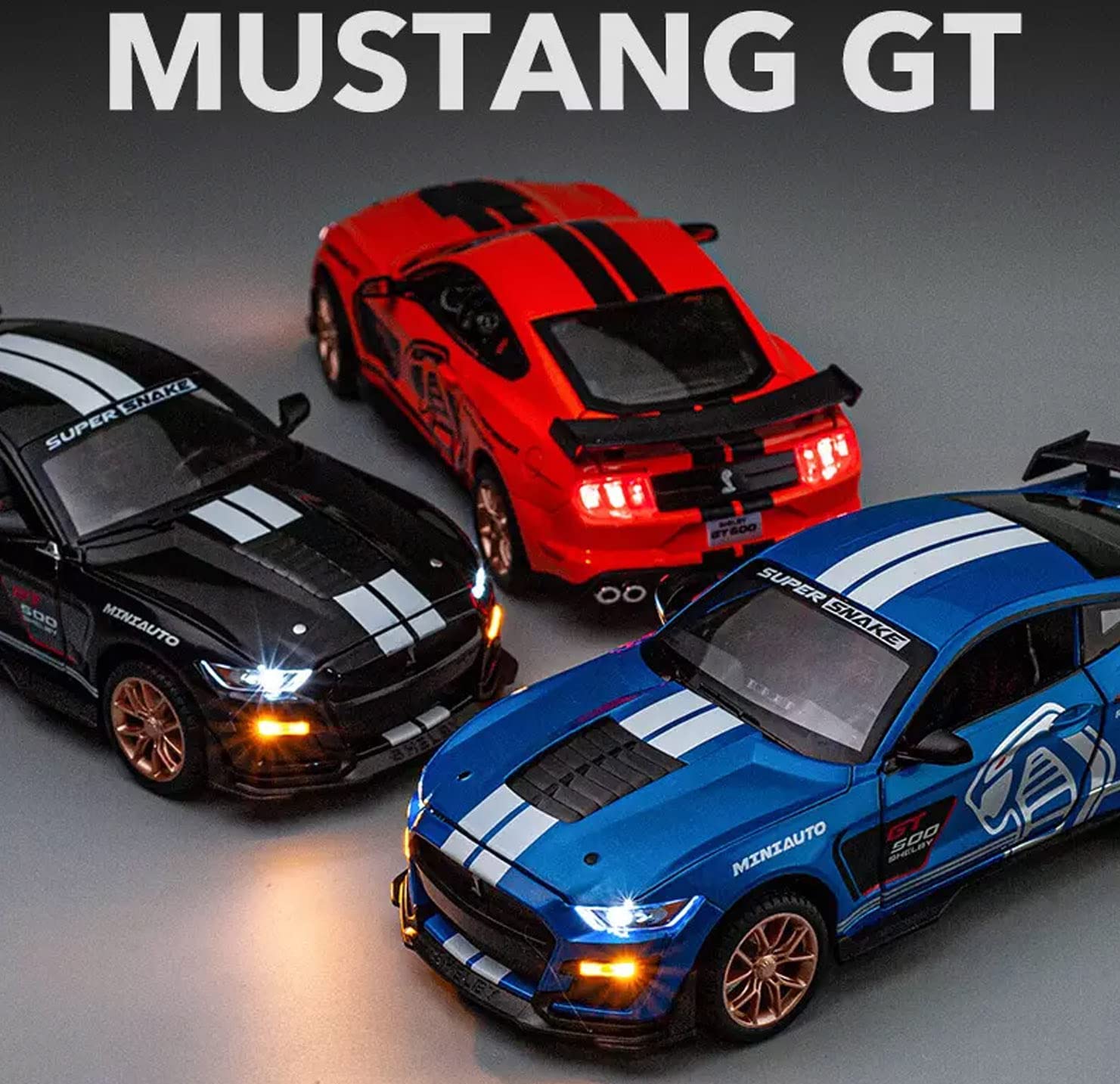 MUSTANG GT500 1:32 DIECAST METAL PULLBACK TOY CAR WITH OPENABLE DOORS & LIGHT, MUSIC BOYS CAR FOR KIDS BEST TOYS GIFTS TOYS FOR KIDS [SIZE:-16CM*6.8CM*4.5CM]【 MULTICOLOR 】